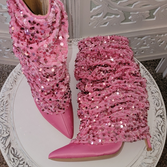 Custom Order "THEA" Pink Sequin Velvet & Satin Ankle Boots - Picture 6 of 7